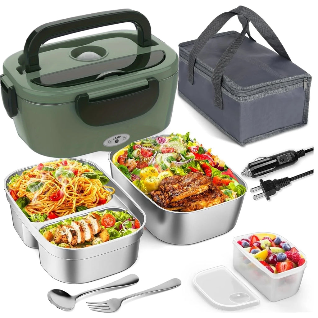 Heated Lunch Box. Dual Stainless Steel Containers, Portable