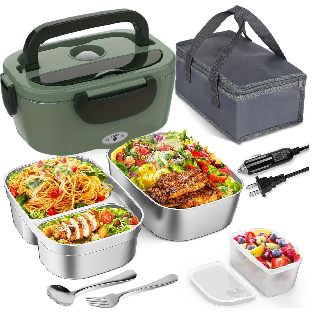 Heated Lunch Box. Dual Stainless Steel Containers, Portable