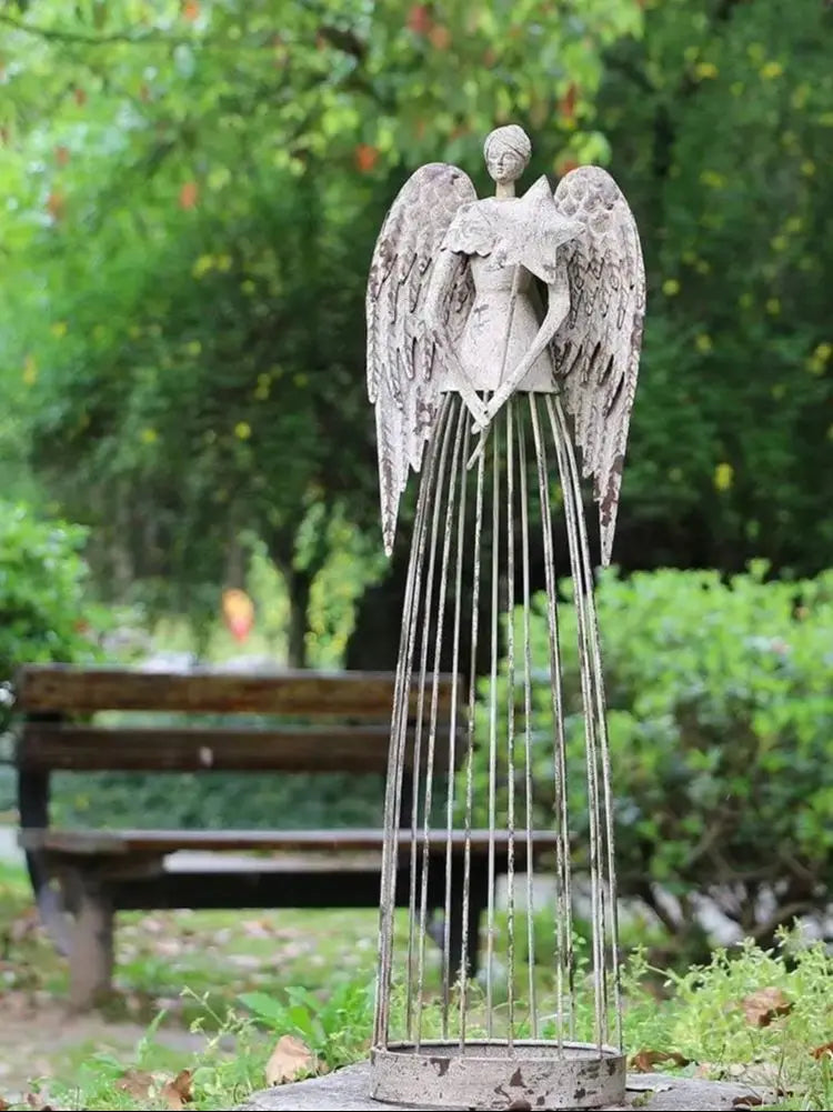 26 Inch Tall Antiqued Metal Garden Angel Statue