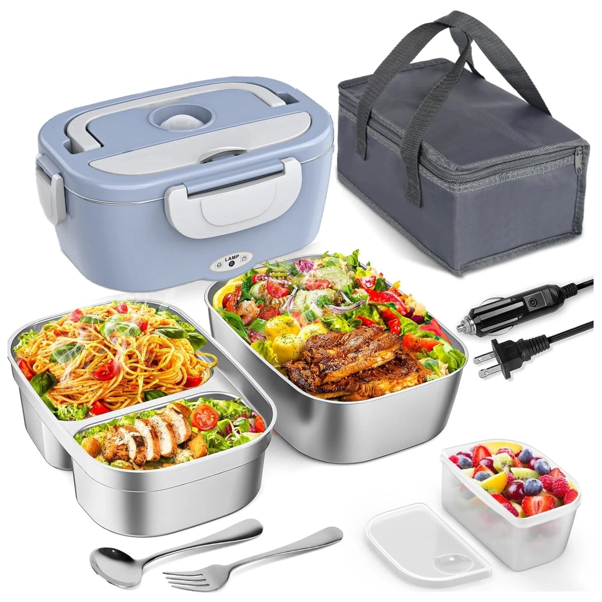 Heated Lunch Box. Dual Stainless Steel Containers, Portable