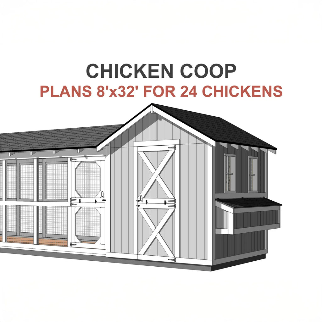 8ftx32ft Chicken Coop Plans with 24ft Run, DIY Hen House