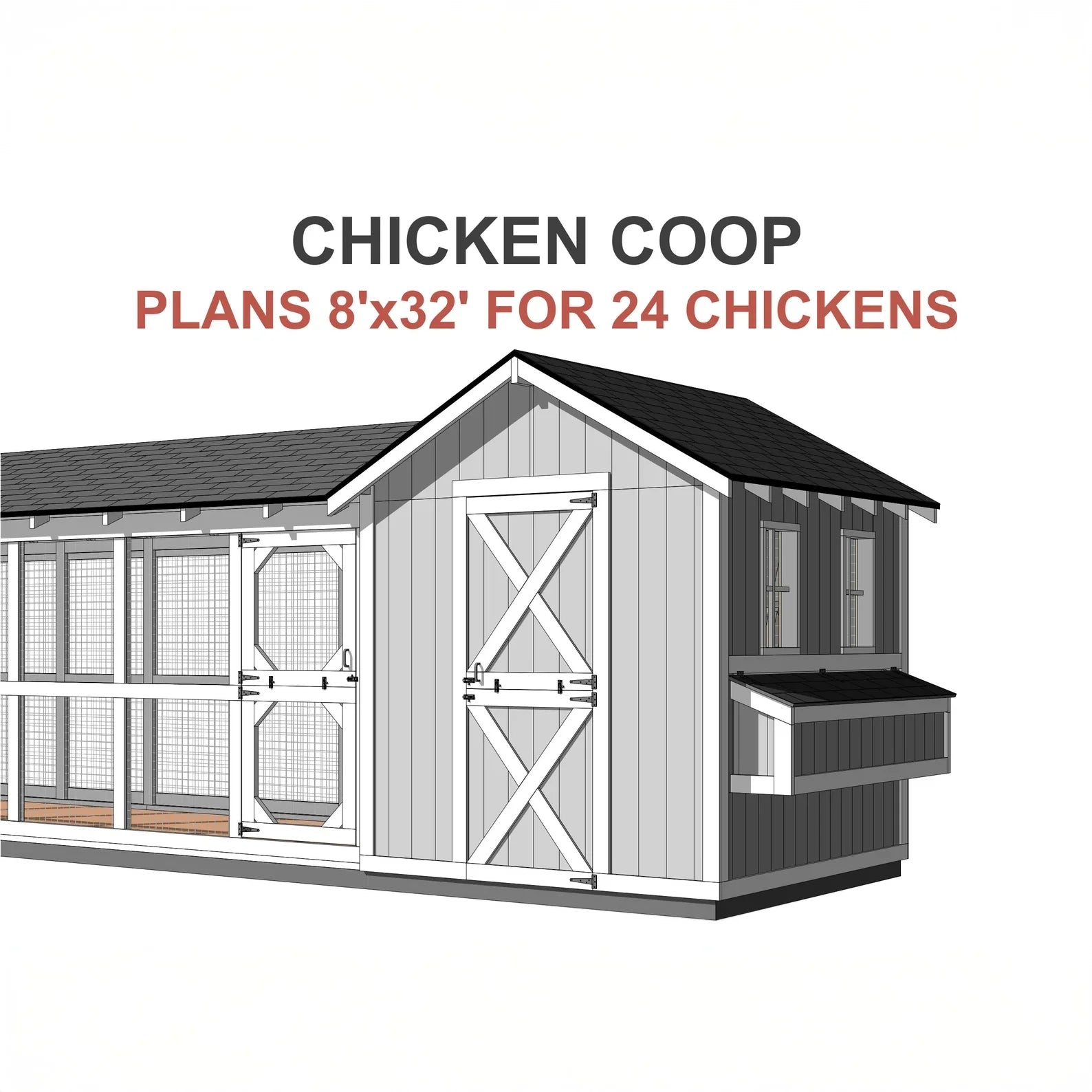8ftx32ft Chicken Coop Plans with 24ft Run, DIY Hen House