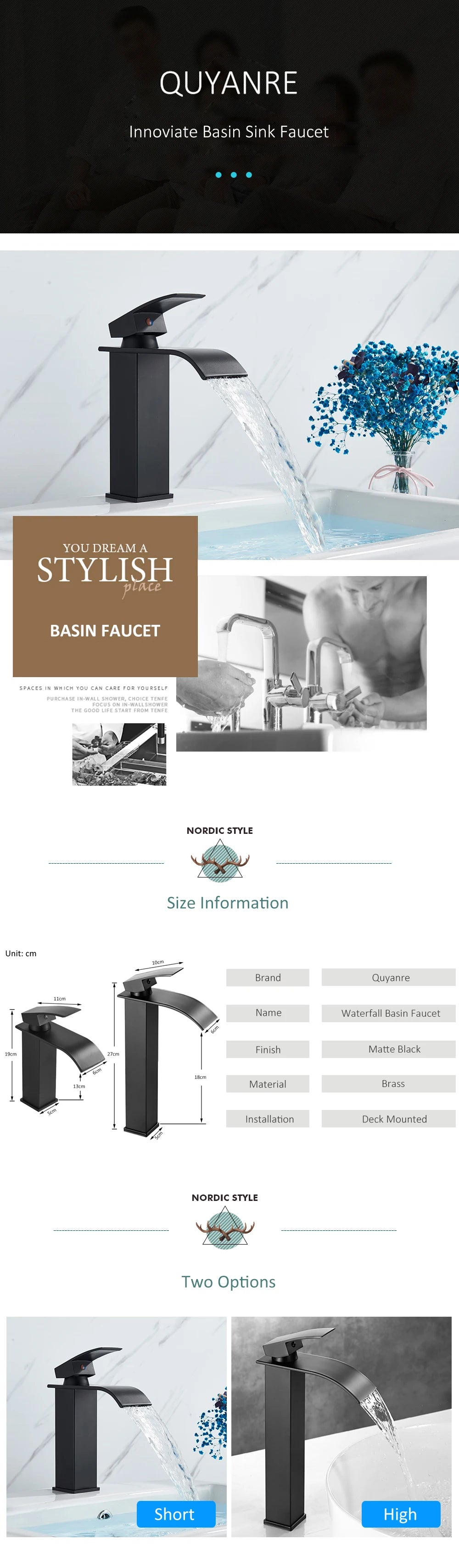 Matte Black Waterfall Basin Faucet Single Handle Mixer