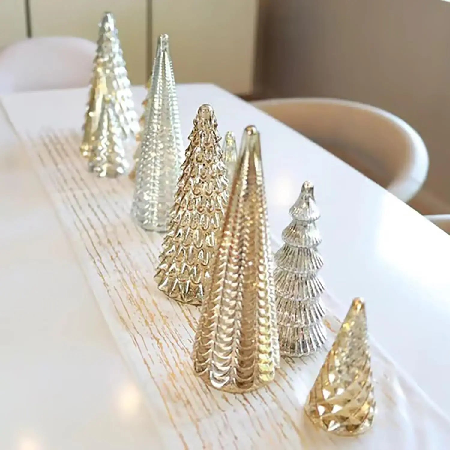 Set of 5 LED Christmas Trees, Gold, Silver