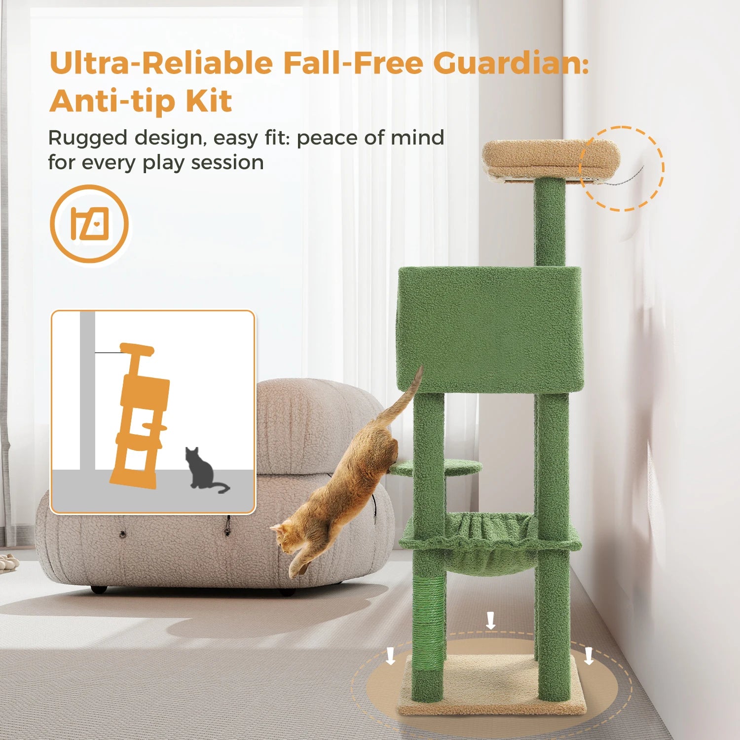 5-Level Cat Tree 113cm Cat Tower with Top Perch,Soft Condo,Natural Sisal Scratching Post,Attractive Pompom,Anti-tip kit,Hammock