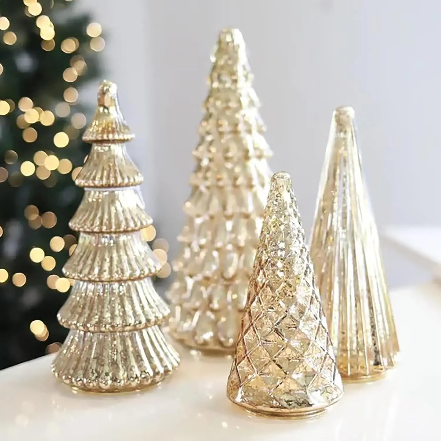Set of 5 LED Christmas Trees, Gold, Silver
