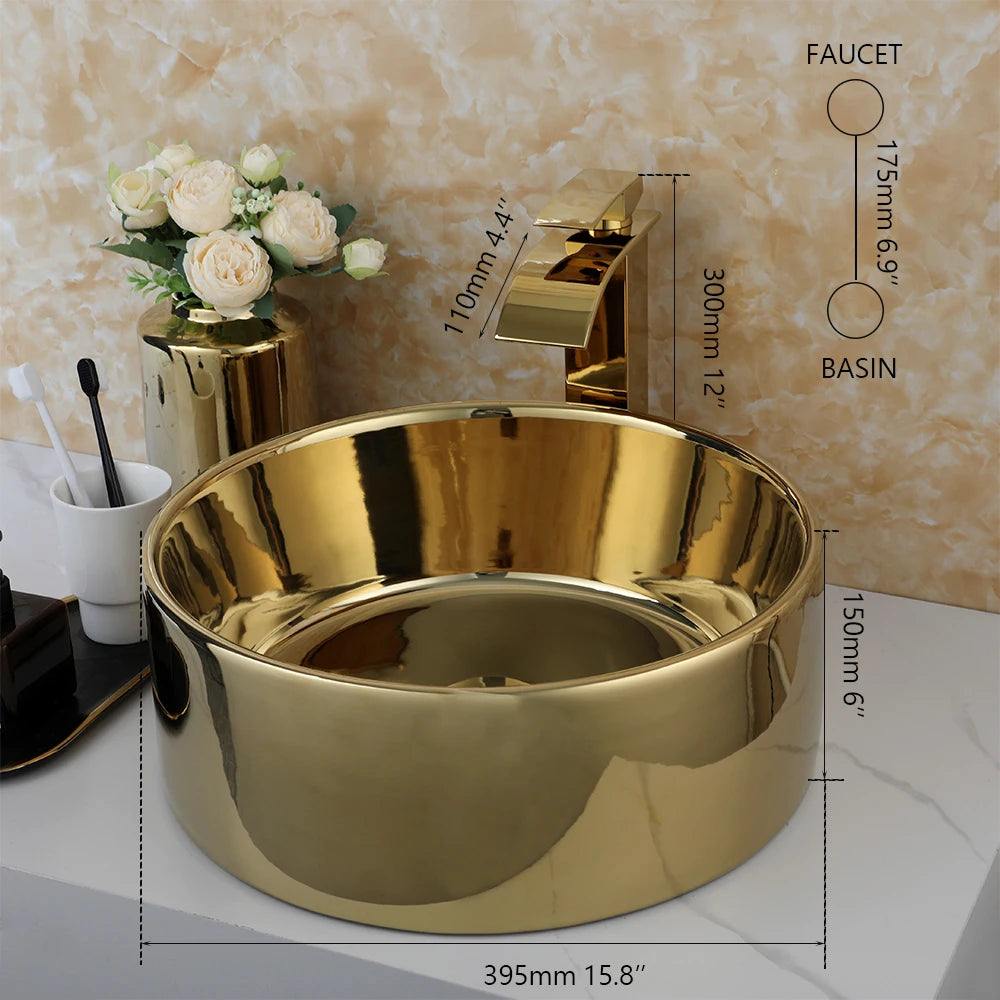 Large Gold Vessel Sink with Faucets, Drain