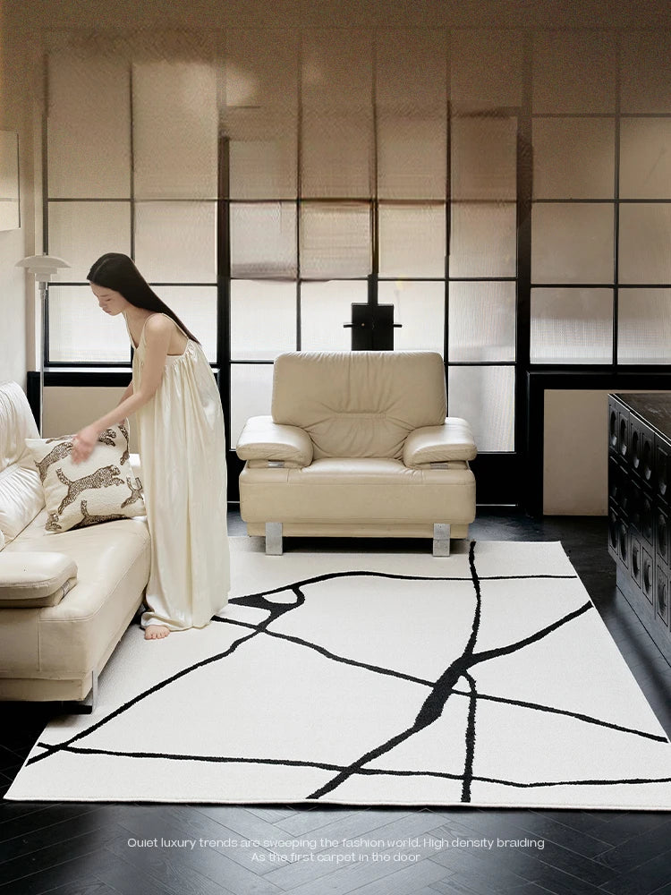 Fluffy, Soft, Plush Rugs, Black, White Lines, Washable