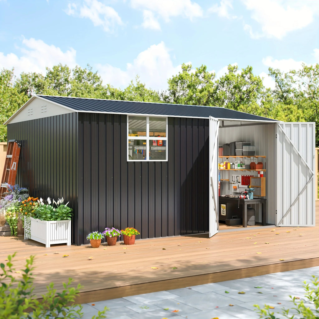 10x12 FT Outdoor Metal Storage Shed with Windows