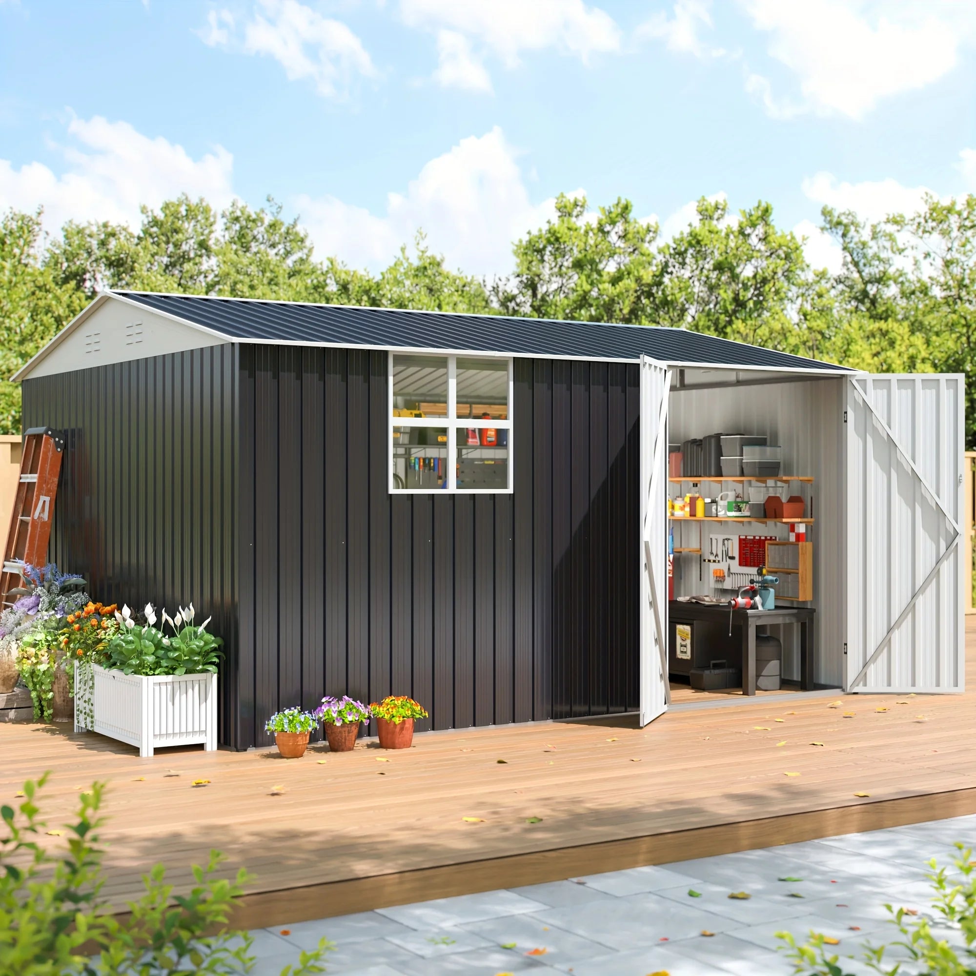 10x12 FT Outdoor Metal Storage Shed with Windows