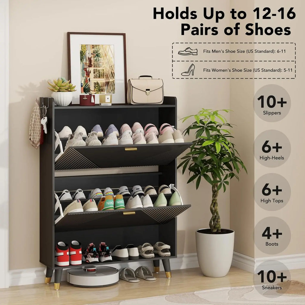 Shoe Cabinet for 24 Pairs with 2 Flip Drawers & Coat Hooks