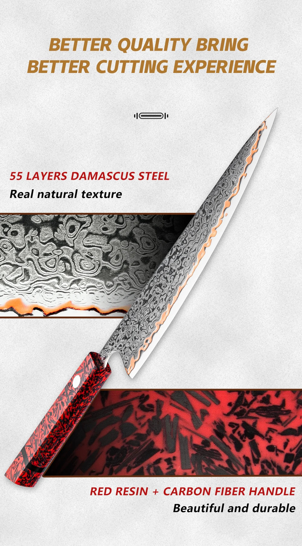 1-7PCS 55 Layers Copper Damascus Steel Chef Knife