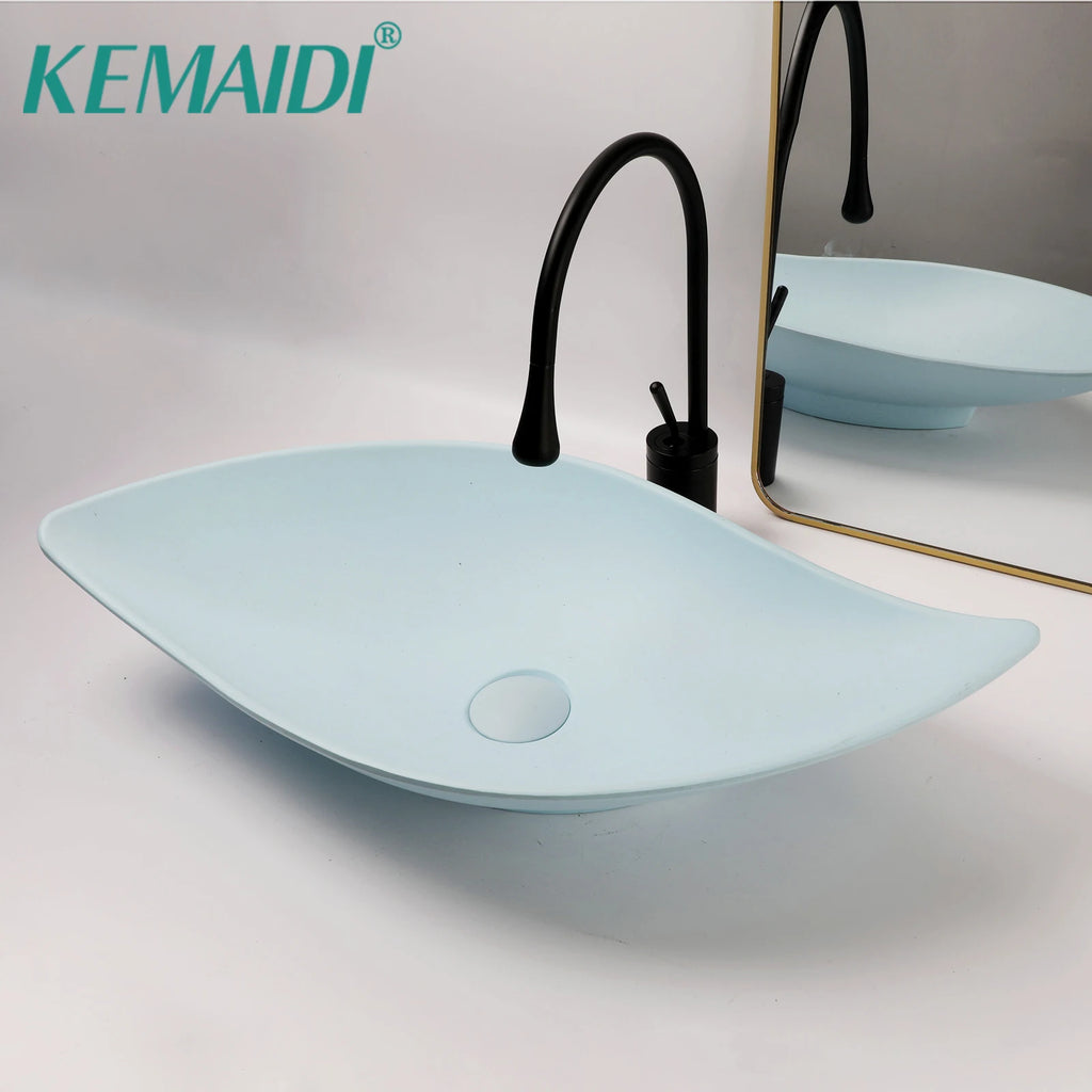 Blue Vessel Sink Deck Mounted, One Handle Faucet, Drain Set