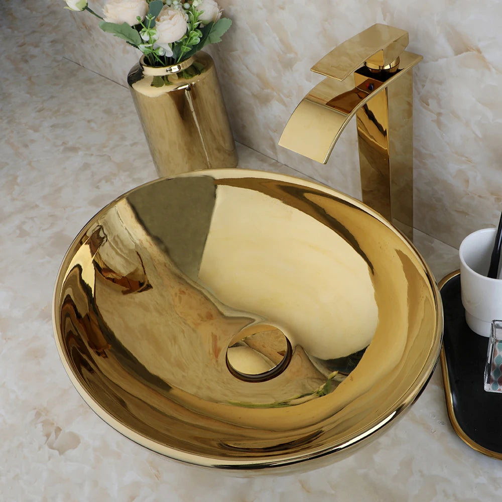 Large Gold Vessel Sink with Faucets, Drain