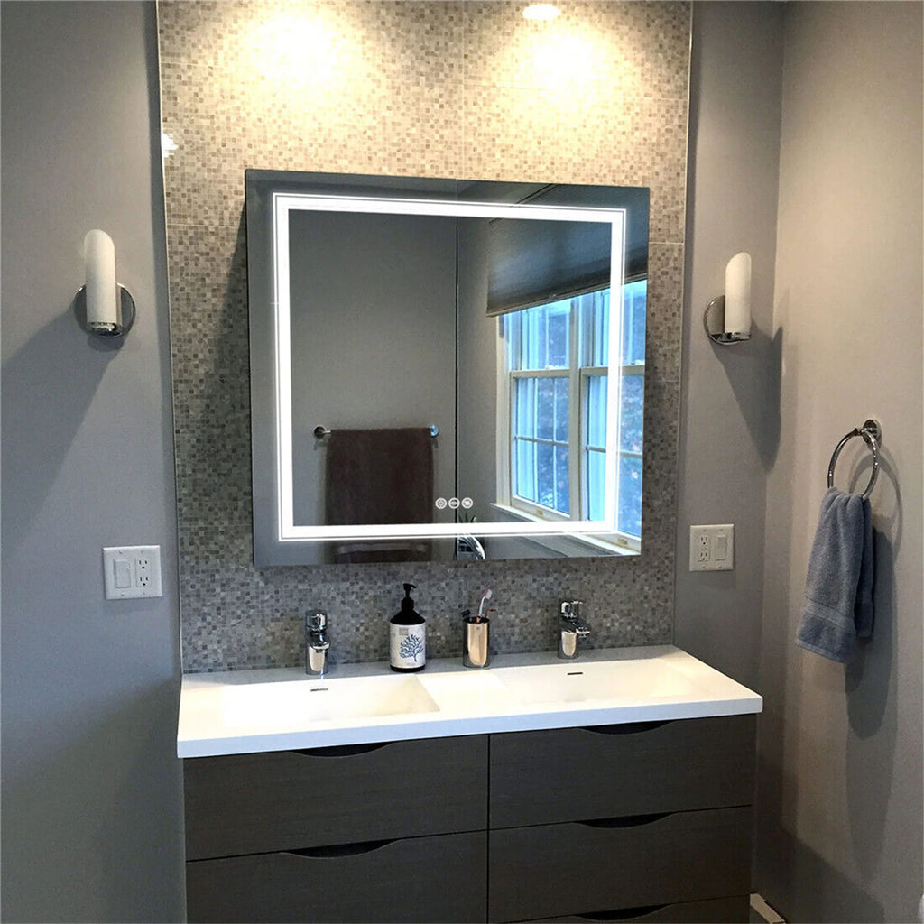 LED Bathroom Mirror Square Wall Mirror with Dimmable Lighted Touch Sensor and Demister Pad IP65 Waterproof Backlit + Front Light