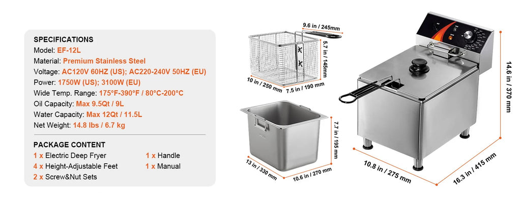 Countertop Fryer, Stainless Steel Basket, Time & Temp Control