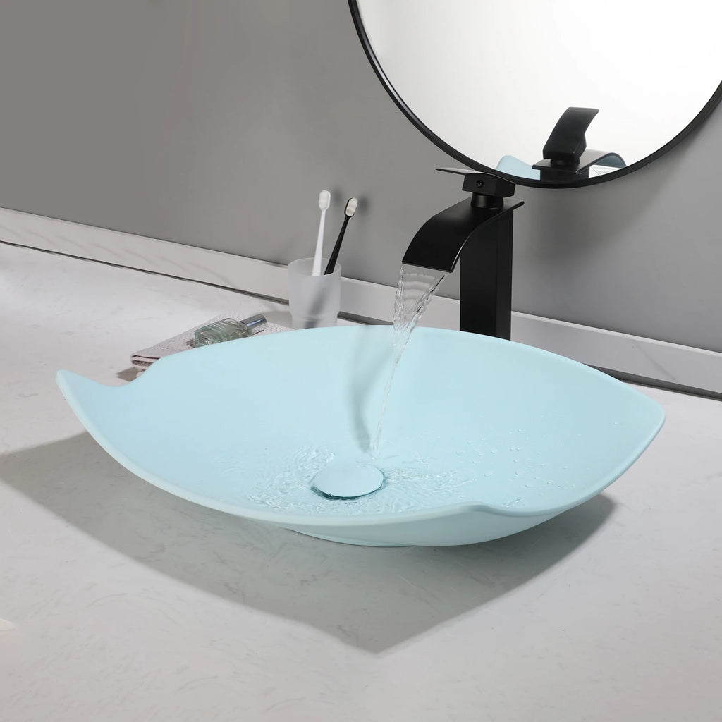 Blue Vessel Sink Deck Mounted, One Handle Faucet, Drain Set