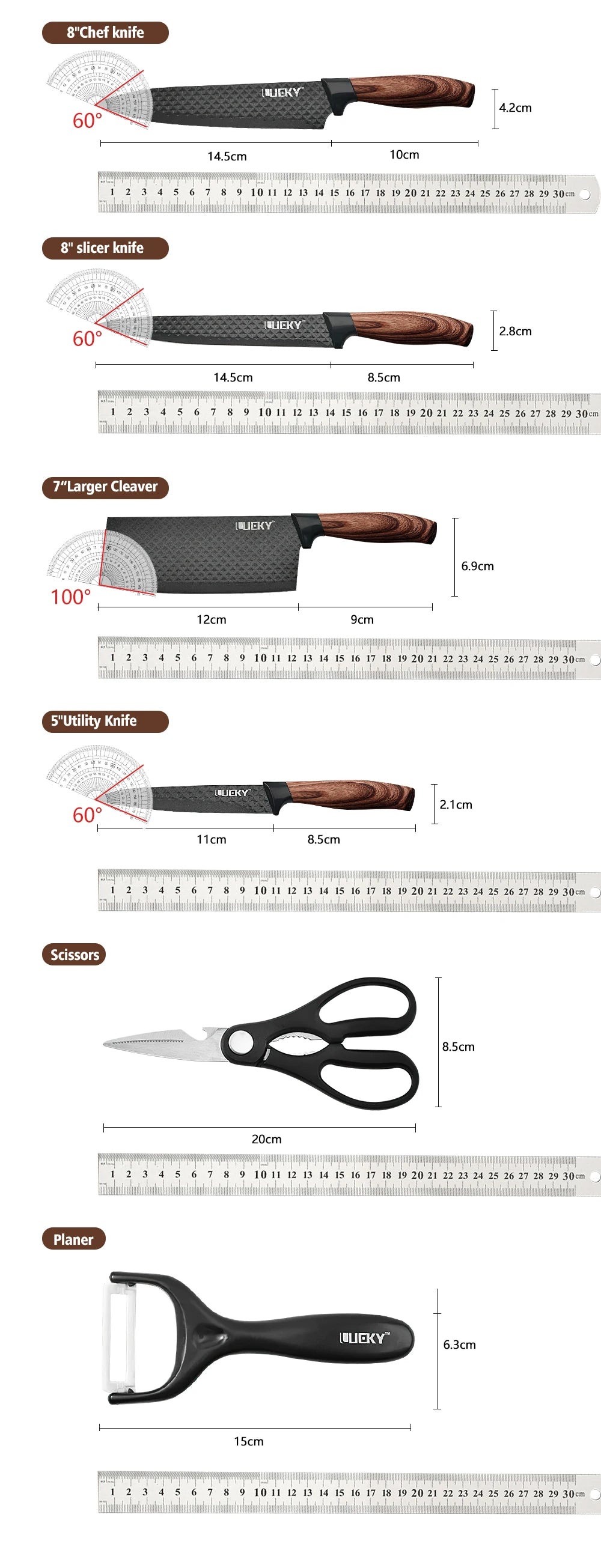 6pcs High Carbon Stainless Steel Knives, Wood Handle