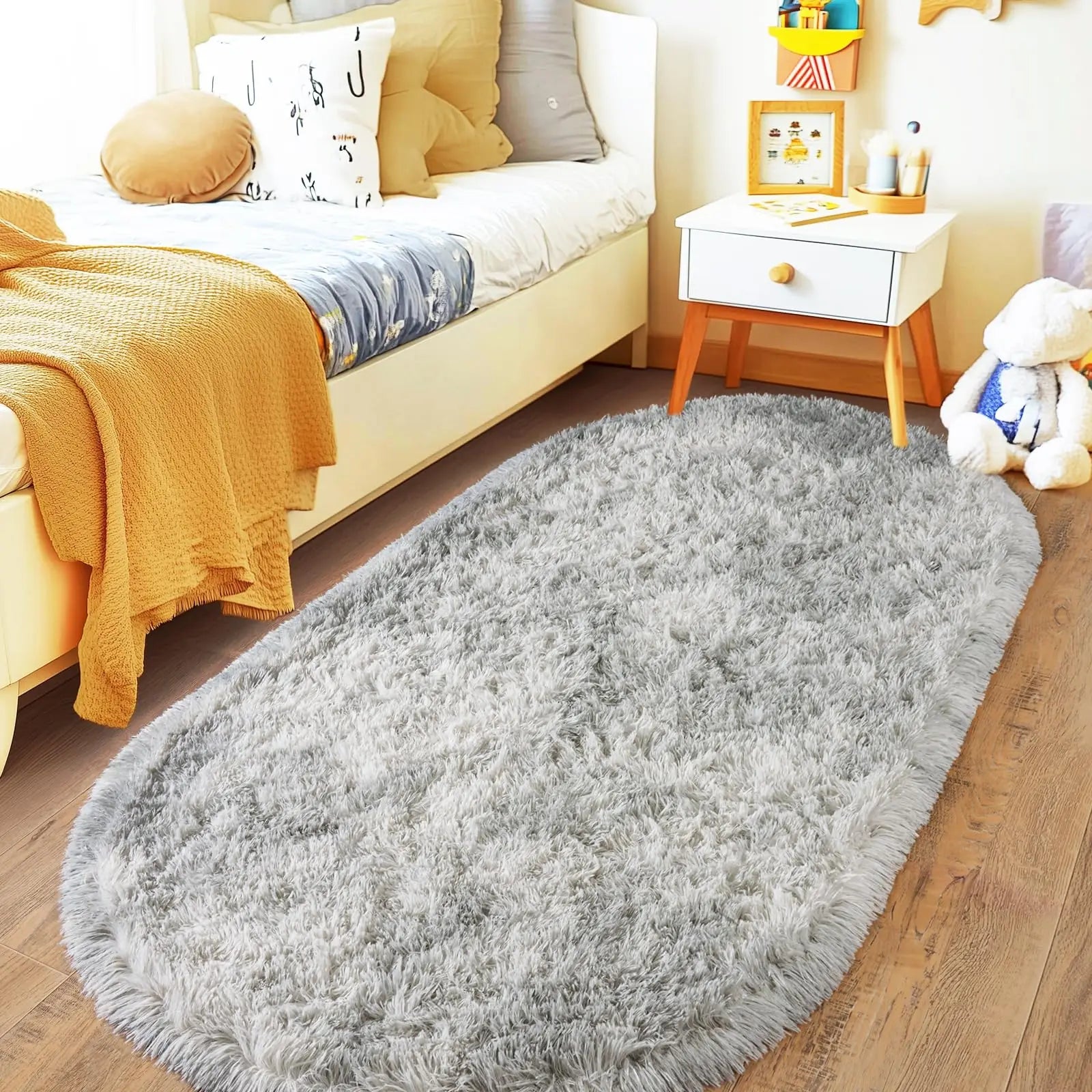 Oval Fluffy Plush Bedside Rugs, Moisture-Proof