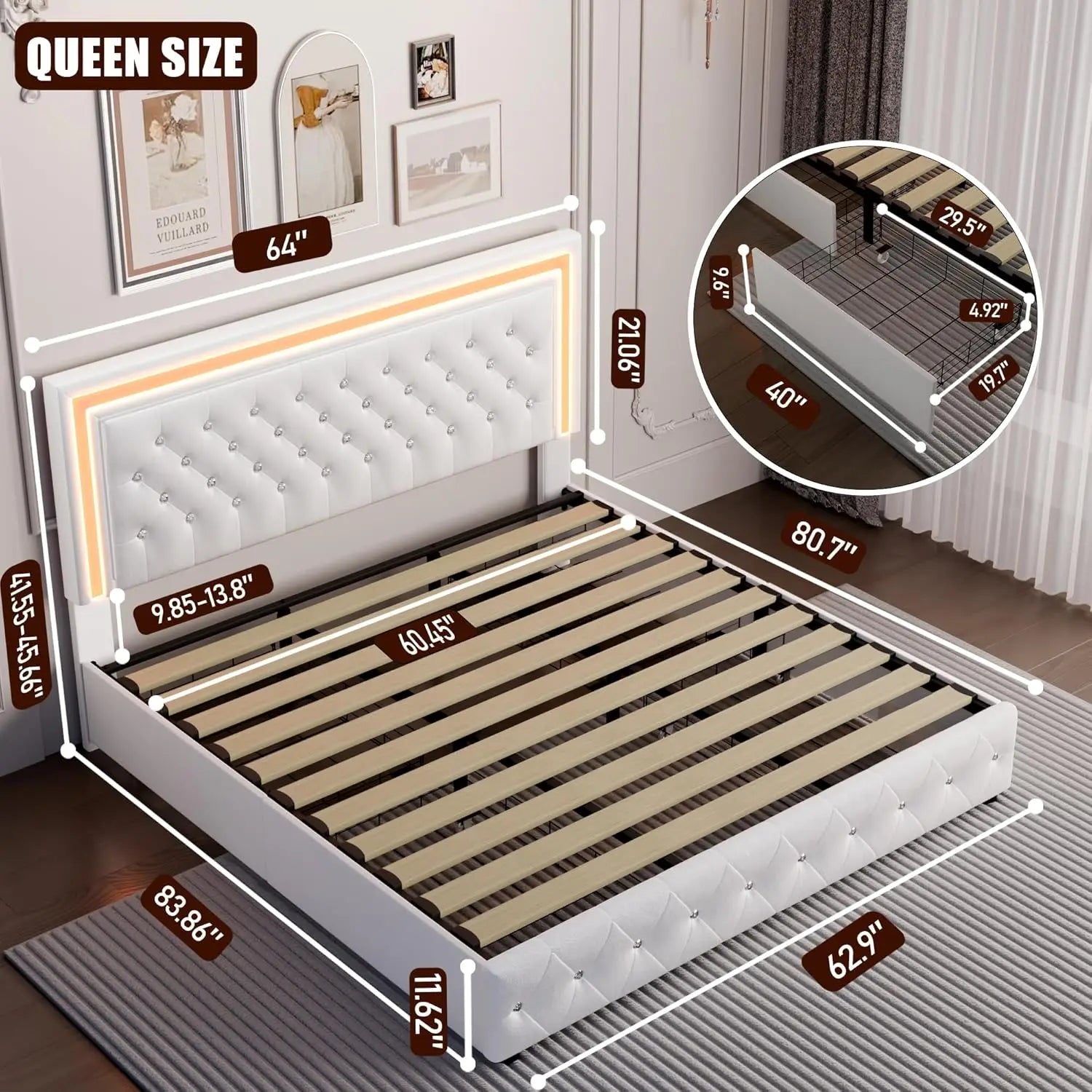 Queen Platform Bed Frame, 4 Drawers, LED Headboard