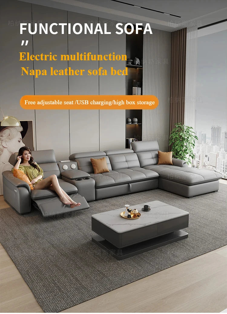 Genuine Leather Corner Sofa, Electric Reclining, Storage