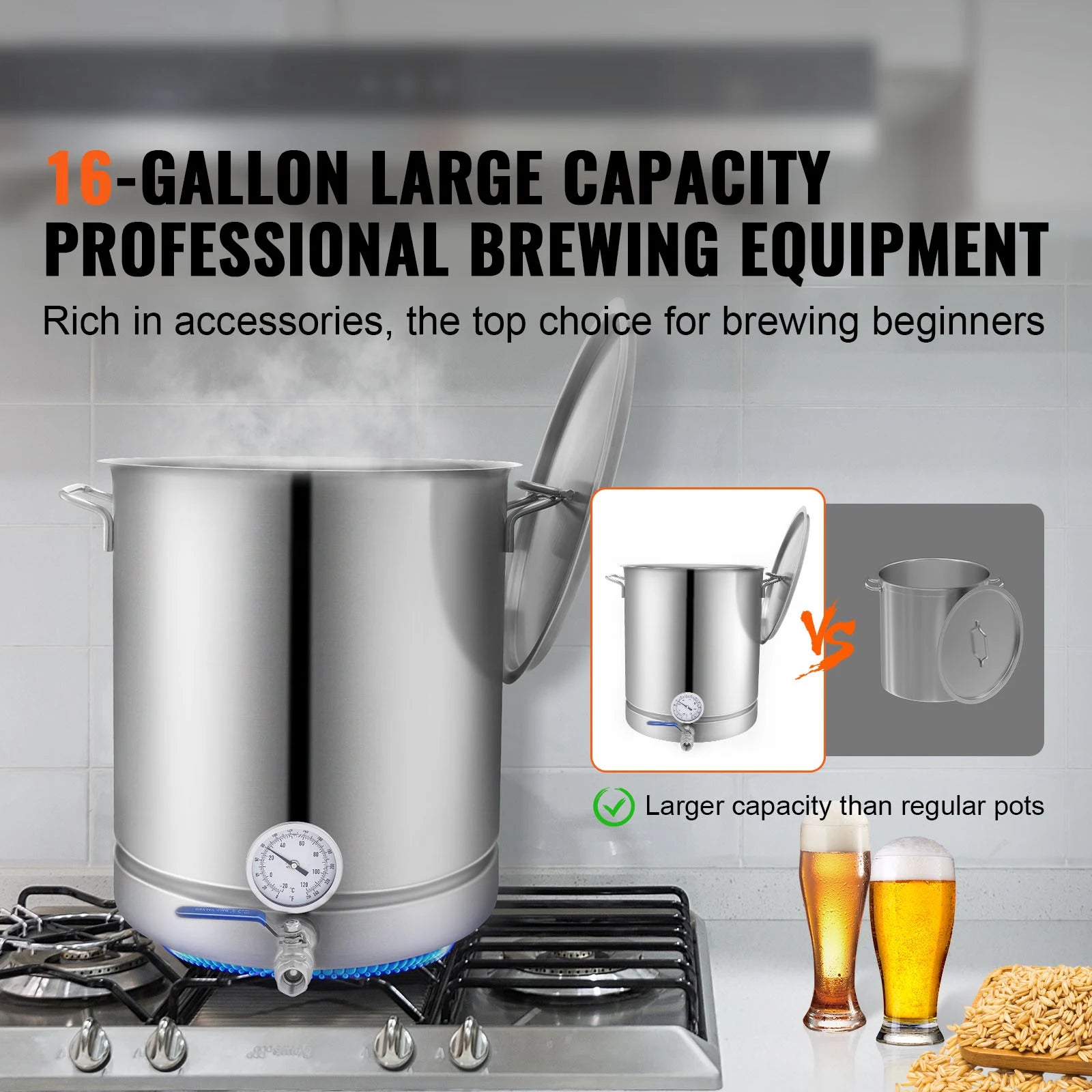 16 GALLON Brewing Pot, Beer Brew Kettle, Lid