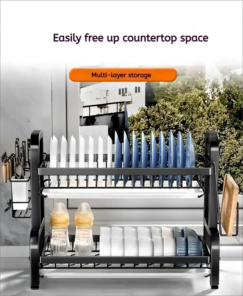 Stainless Steel Dish Rack 2-Tier, Drainboard & Utensil Holder