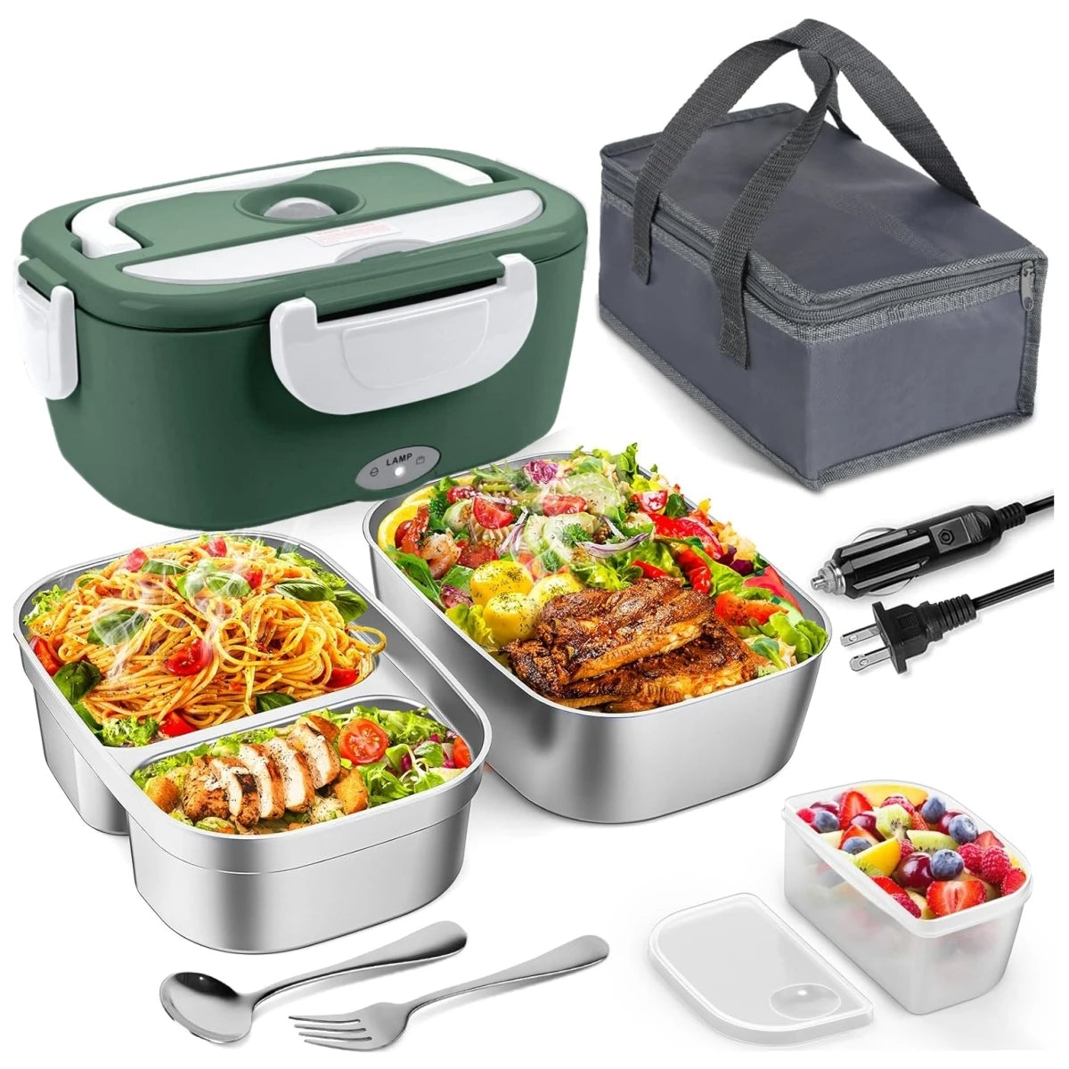 Heated Lunch Box. Dual Stainless Steel Containers, Portable