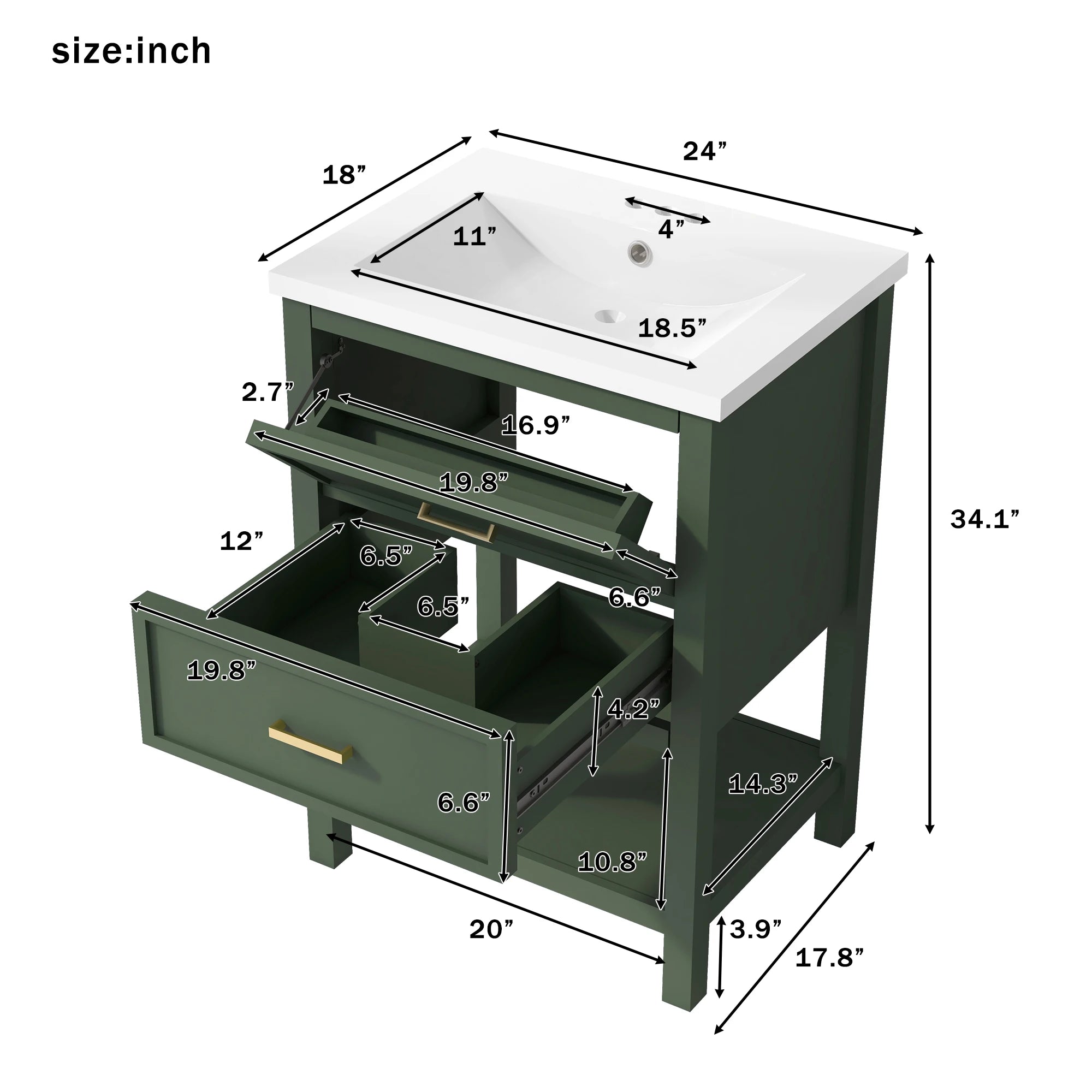 24'' Vanity with Top Sink, 2 Drawers, Wooden Cabinet