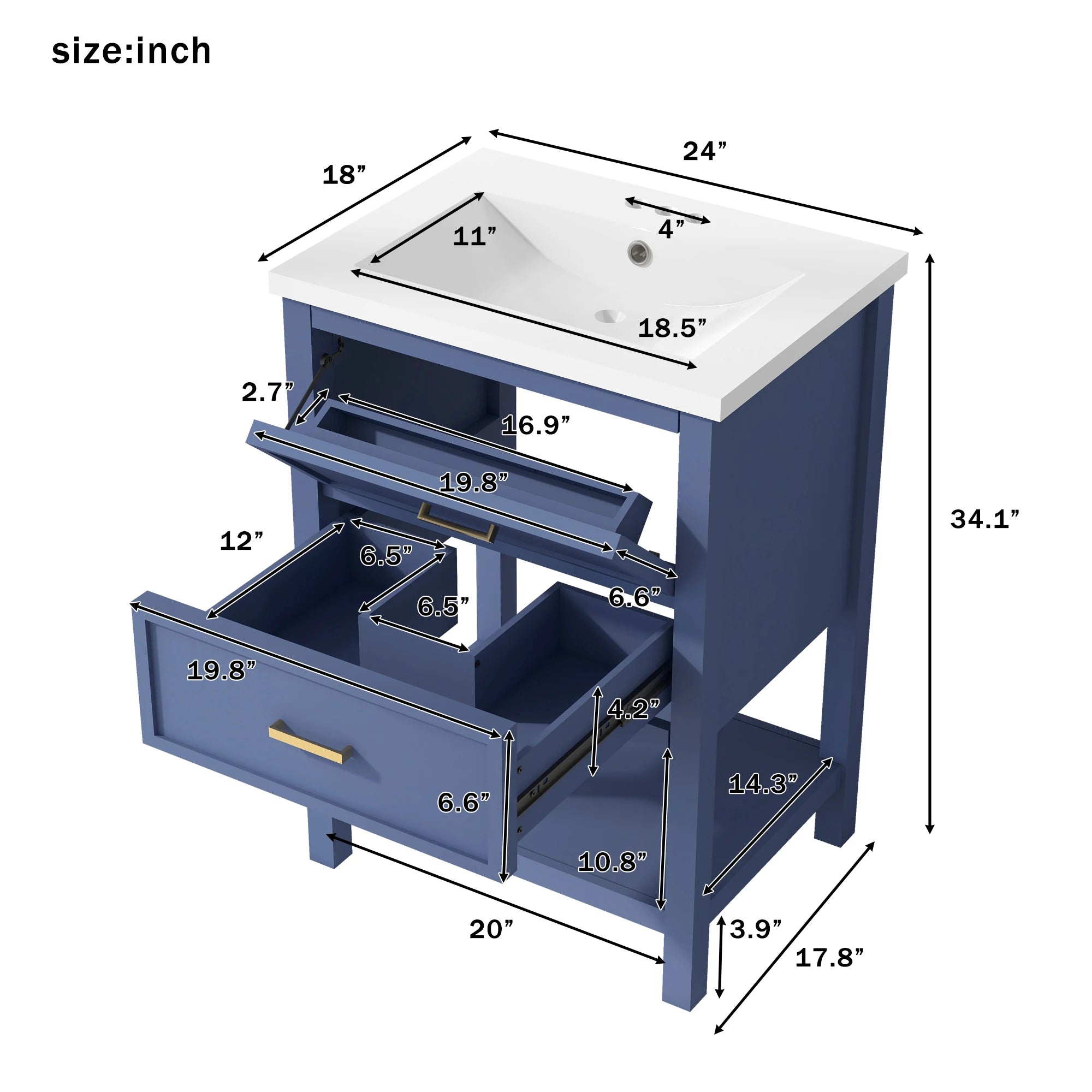 24'' Vanity with Top Sink, 2 Drawers, Wooden Cabinet