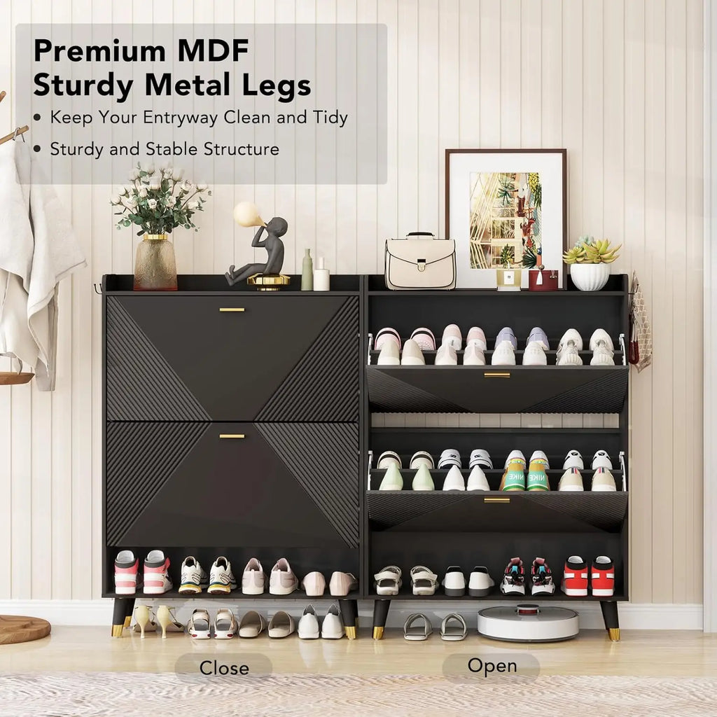 Shoe Cabinet for 24 Pairs with 2 Flip Drawers & Coat Hooks