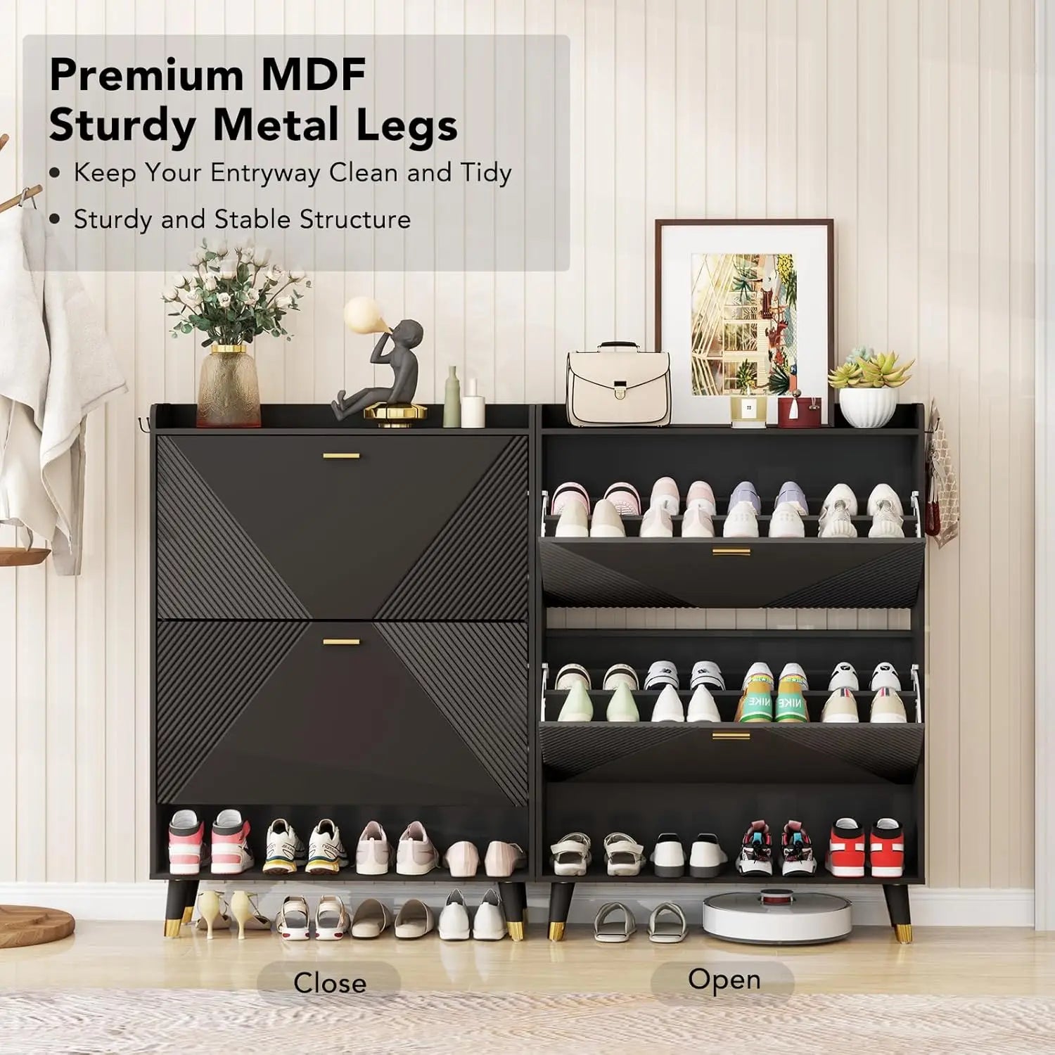 Shoe Cabinet for 24 Pairs with 2 Flip Drawers & Coat Hooks