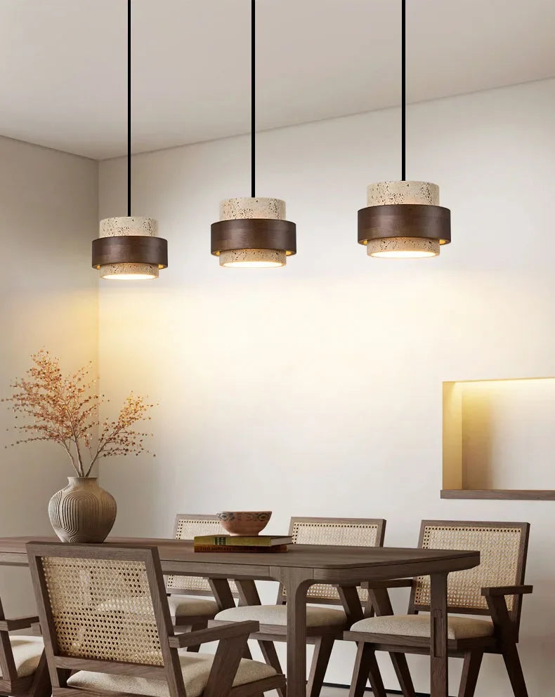 Natural Stone LED Pendant Lamp, Wood, Cord Adjustable