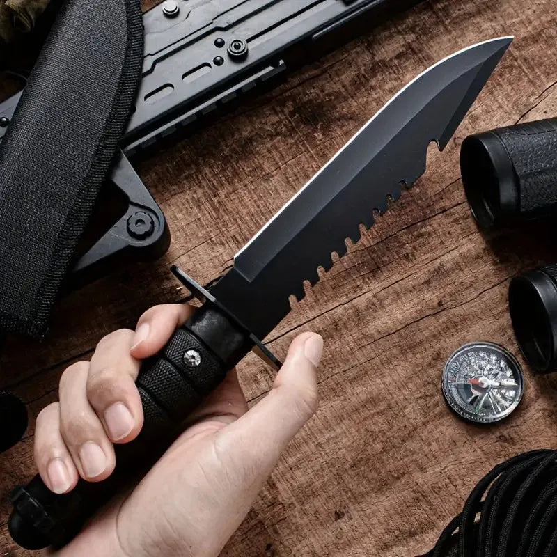 Knife with Saw Toothed Edge, Glass Breaker, Sheath