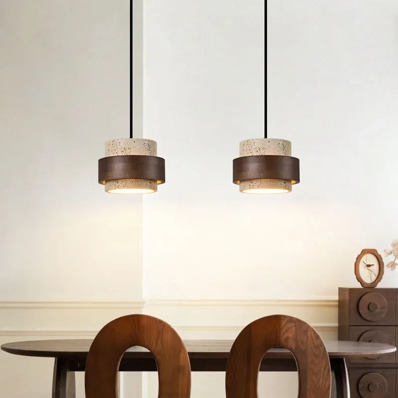 Natural Stone LED Pendant Lamp, Wood, Cord Adjustable