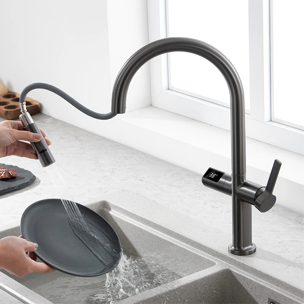 gun gray kitchen faucet, LED digital sensing, 2-function spay