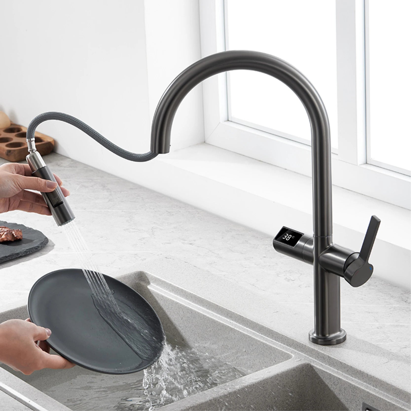 gun gray kitchen faucet, LED digital sensing, 2-function spay