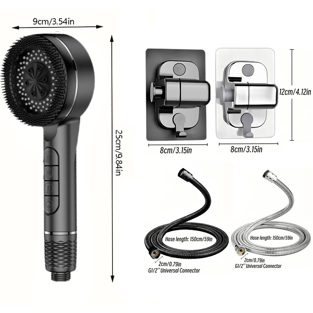 4 Modes Shower Head, Silicone Brush, High Pressure, Filter