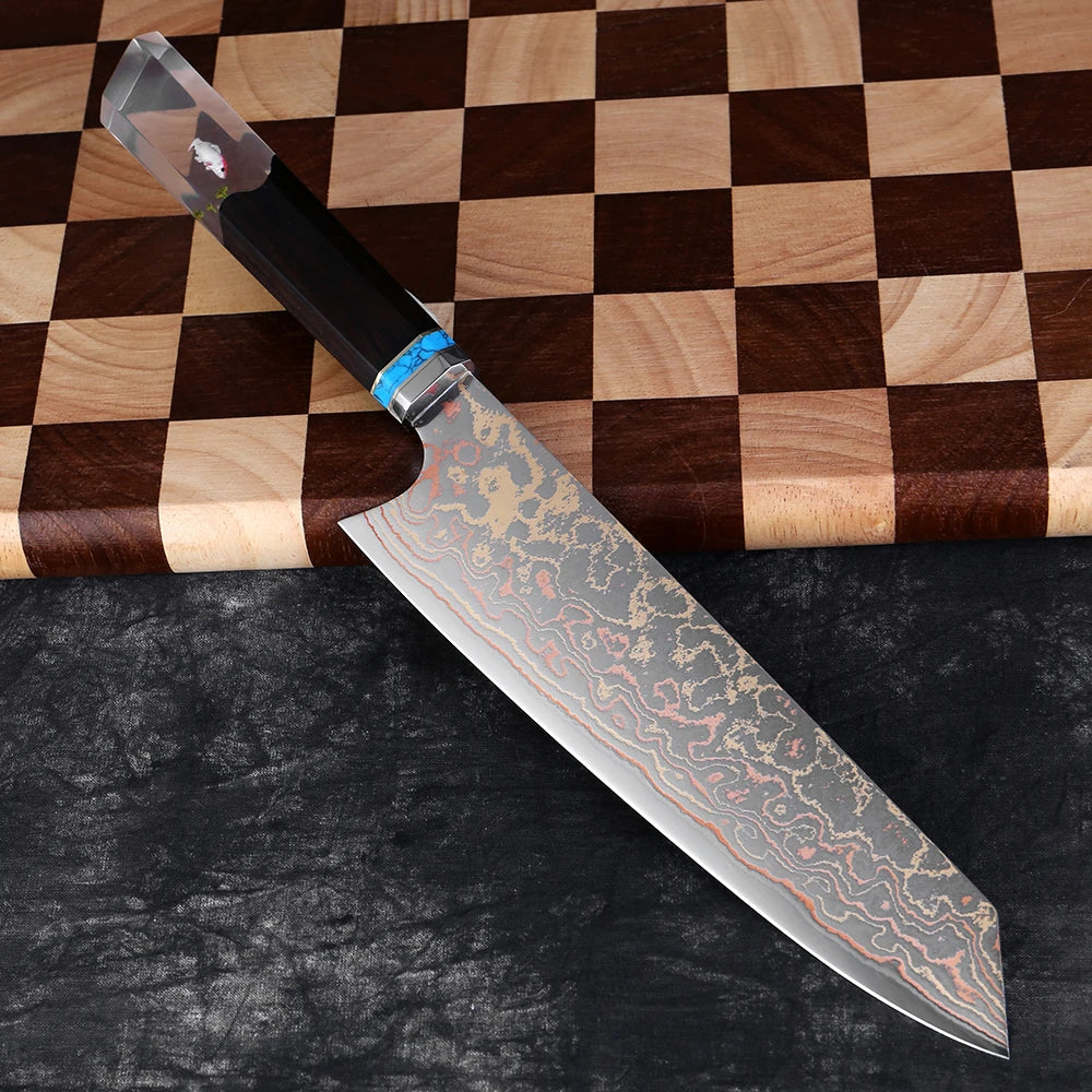 8 Inch Chef Knife 37 Layers Tricolor Copper Damascus Steel