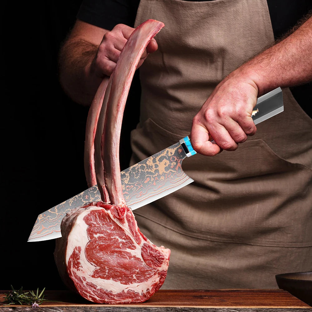 8 Inch Chef Knife 37 Layers Tricolor Copper Damascus Steel