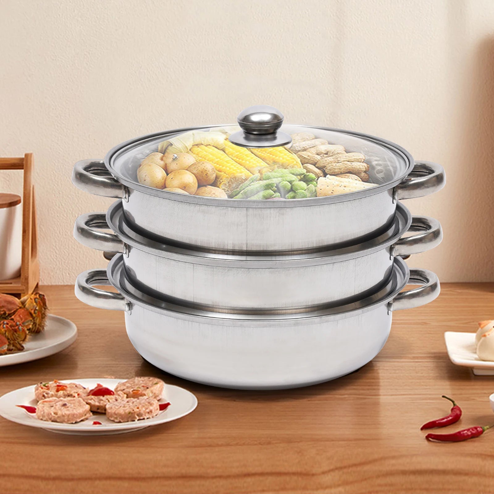 28CM 3-Tier Large Stainless Steel Steam Cooker