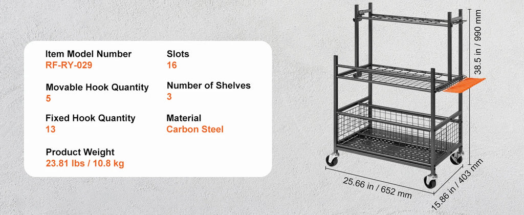 Portable Garden Tool Organizer Rack with Hooks, Wheels