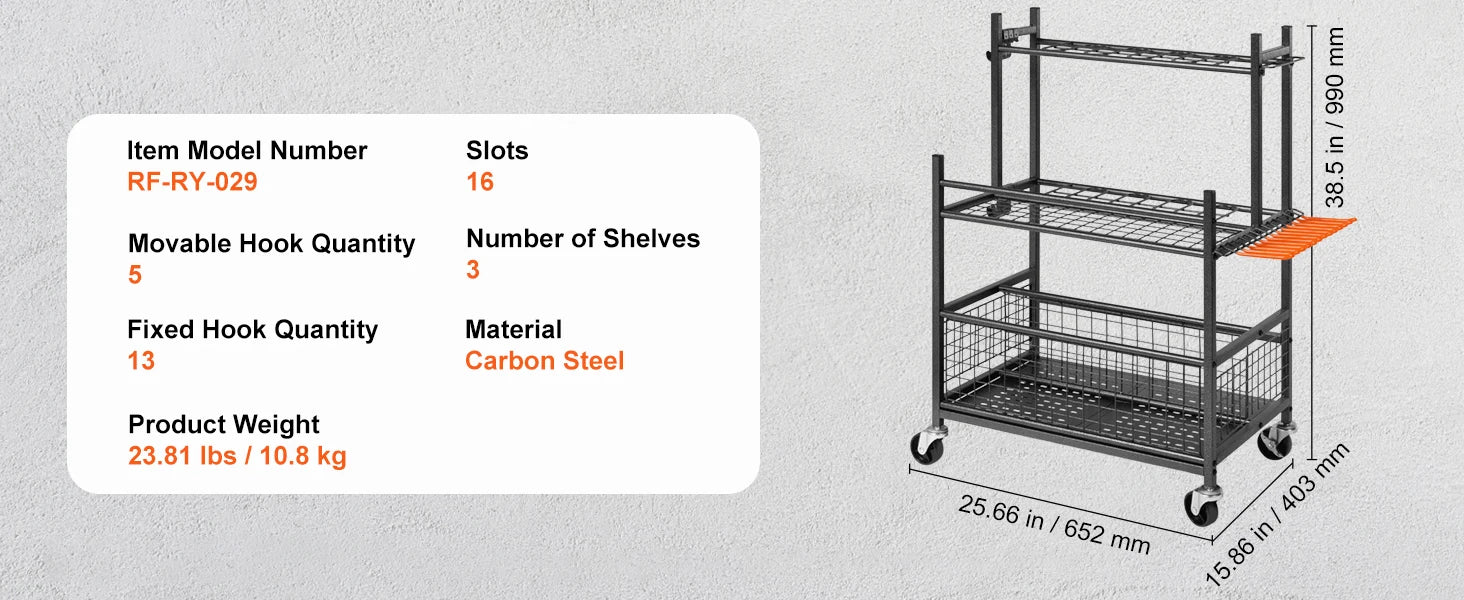 Portable Garden Tool Organizer Rack with Hooks, Wheels