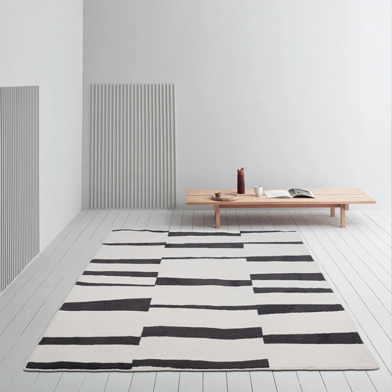 Fluffy, Soft, Plush Rugs, Black, White Lines, Washable