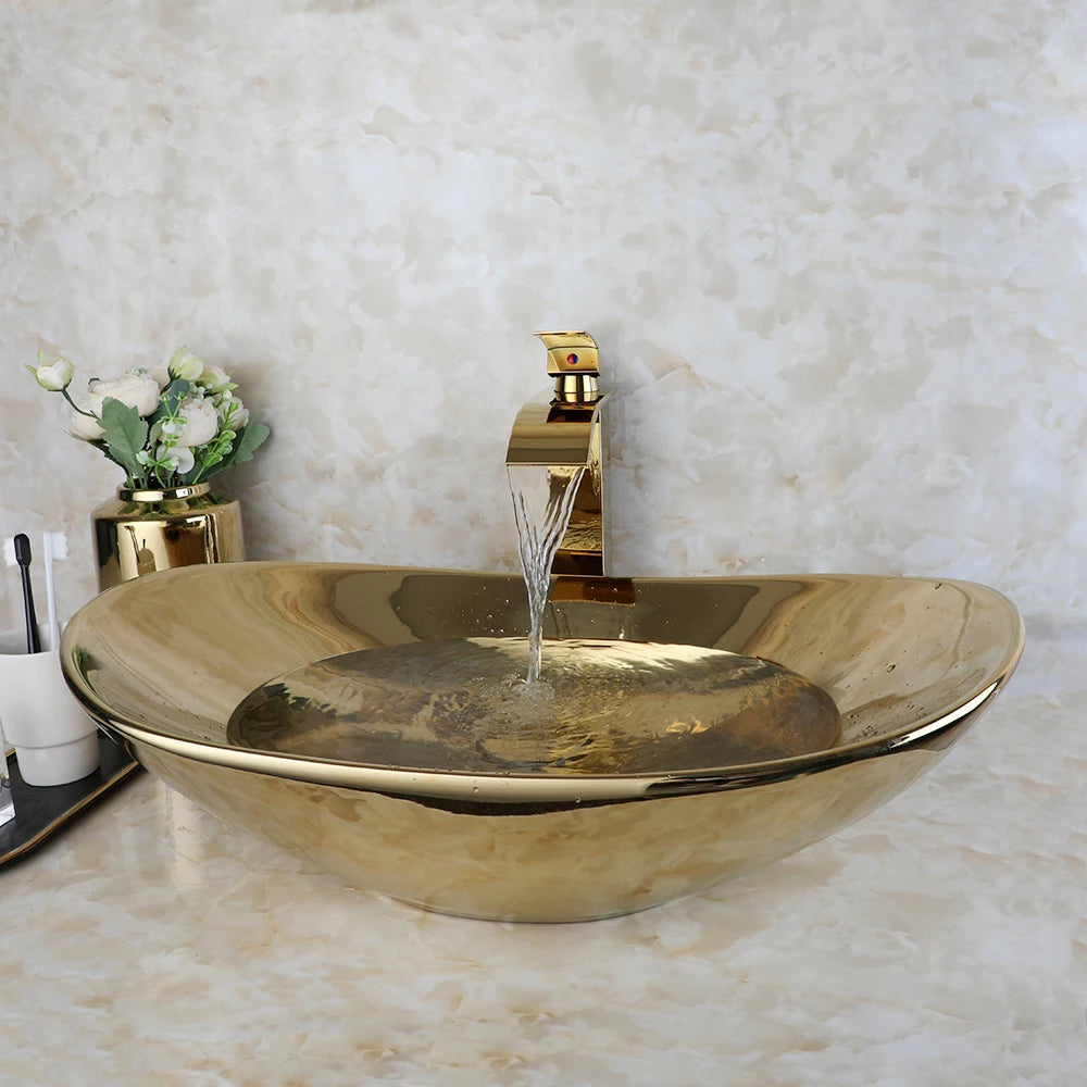 Large Gold Vessel Sink with Faucets, Drain