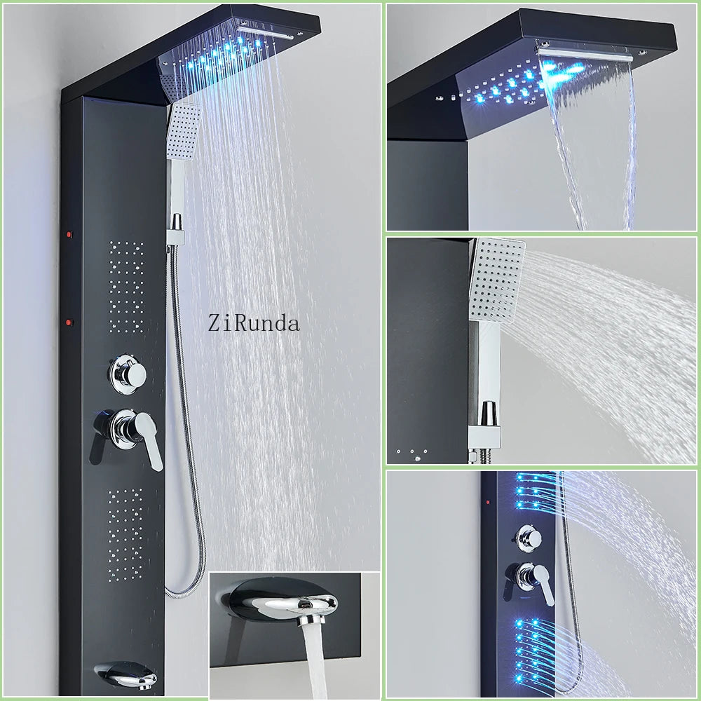 LED, massage, matte black, Stainless column, waterfall faucet