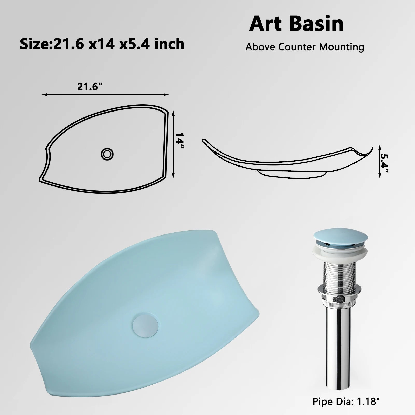 Blue Vessel Sink Deck Mounted, One Handle Faucet, Drain Set