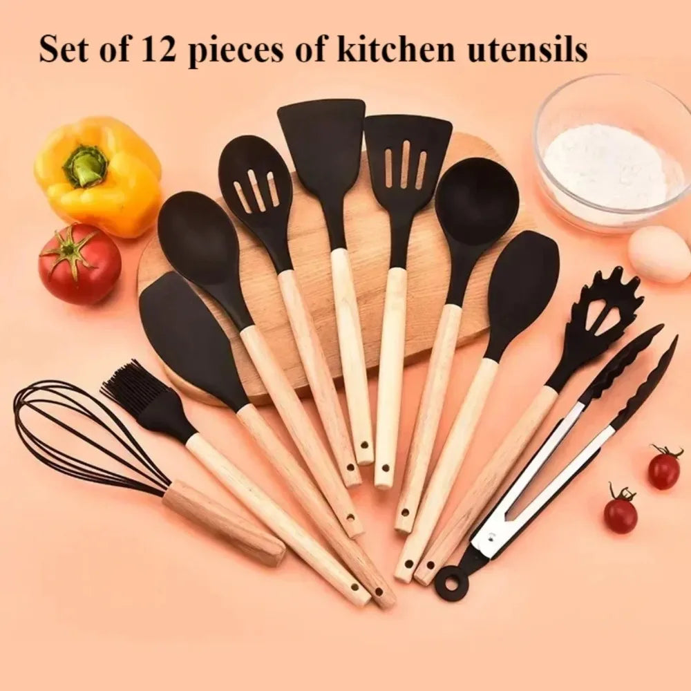12PCS Wooden Handle Silicone Kitchen Utensils