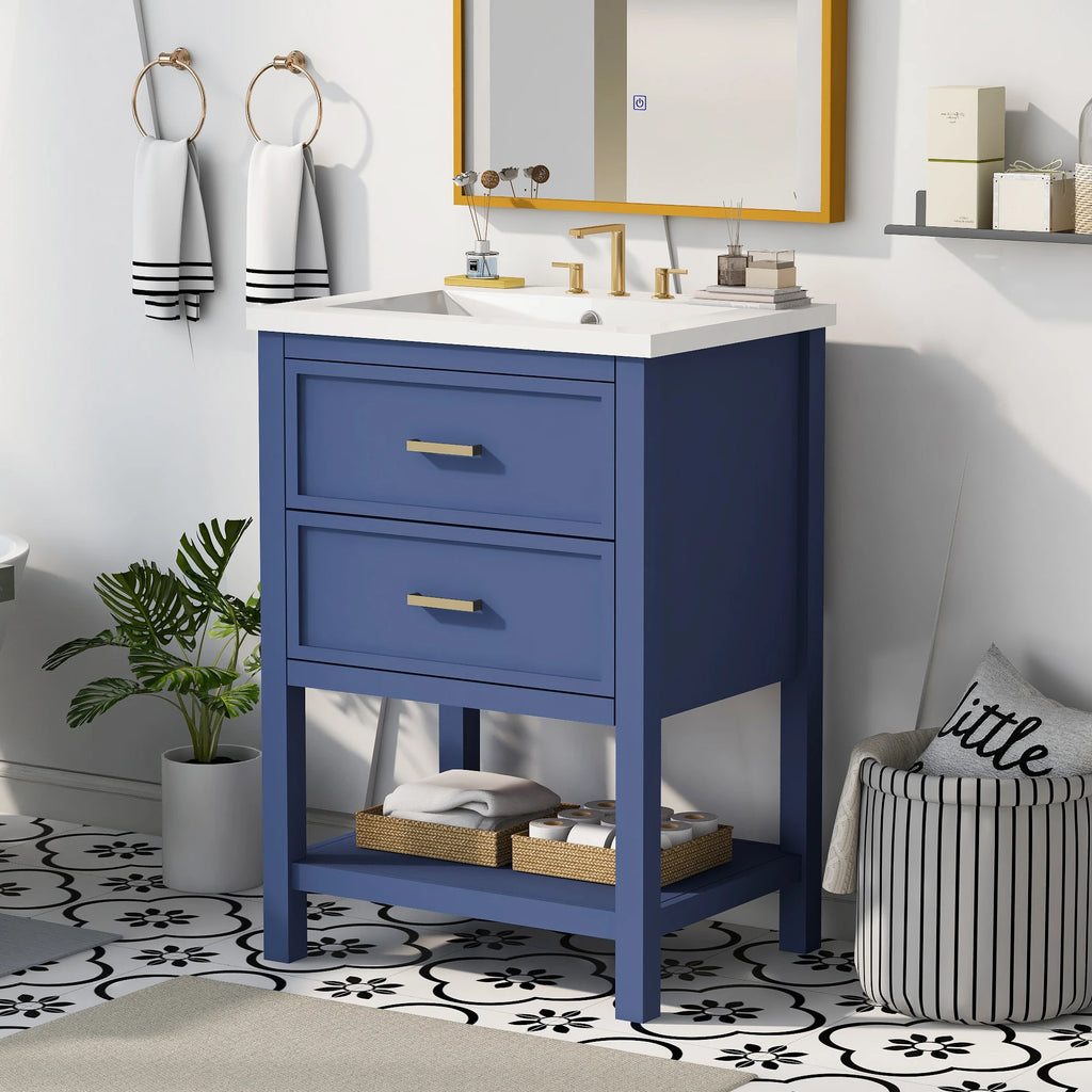 24'' Vanity with Top Sink, 2 Drawers, Wooden Cabinet