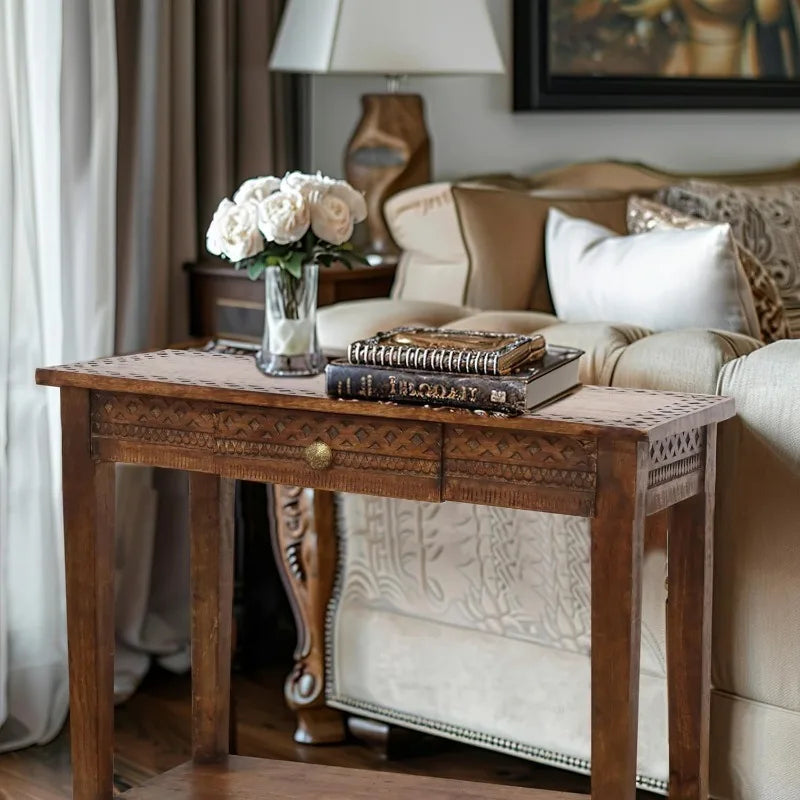 Solid Wood Hand Carved Sofa Table, Drawer